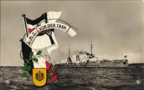Ak Deutsches Kriegsschiff, SMS von der Tann, Kaiserliche Marine, NPG, Fahnen