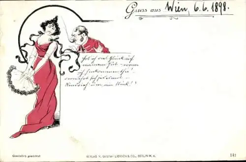 Litho Noble Frau in rotem Kleid, Fächer, Mann in Uniform