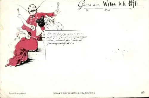 Litho Feiernde Menschen, Frau in rotem Kleid, Sektglas