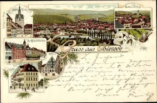 Litho Osterode in Niedersachsen, Rathaus, Hotel Deutscher Hof, Inh. Ch. Ahlburg, Markt, Post, Kirche