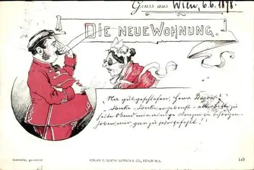 Litho Neue Wohnung, Alte Frau, Brille, Mann in Uniform