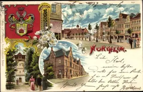 Wappen Litho Northeim in Niedersachsen, Postamt, Marktplatz, Aussichtsturm