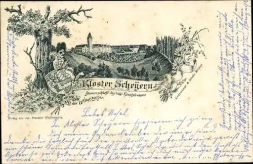 Litho Scheyern in Oberbayern, Stammschloss der Wittelsbacher, Gesamtansicht, Kloster, Wappen