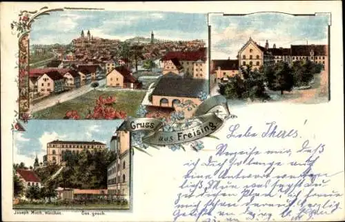 Litho Freising in Oberbayern, Gesamtansicht, Blumen