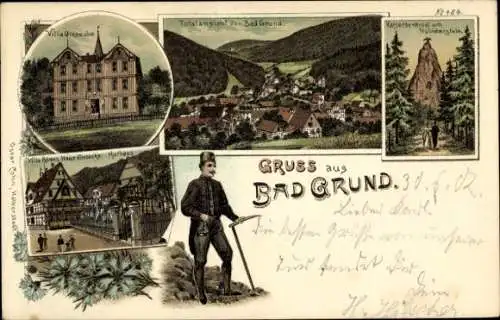 Litho Bad Grund im Harz, Kaiserdenkmal, Hübichenstein, Villa Römer, Haus Giesecke, Kurhaus