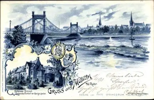 Mondschein Litho Mülheim an der Ruhr, Schloss Broich, Ruhrbrücke