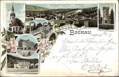 Litho Bockau im Erzgebirge, Kirche, Schule, Bahnhof, Turm, Auersberg