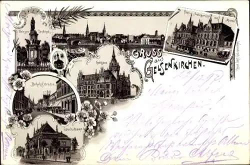 Litho Gelsenkirchen im Ruhrgebiet, Bahnhofstraße, Landratsamt, Rathaus, Post, Amtsgericht, Denkmal