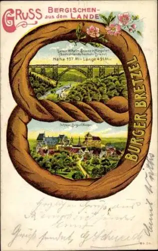 Passepartout Litho Burg an der Wupper Solingen, Schloss Burg, Kaiser-Wilhelm-Brücke in Müngsten