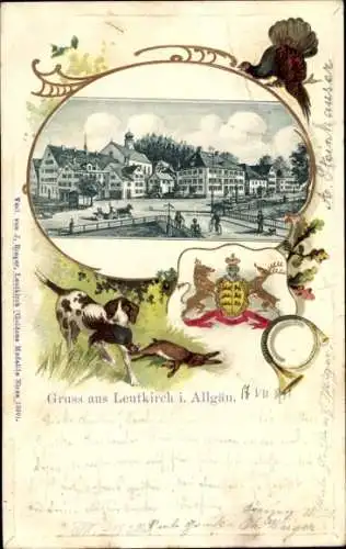 Präge Wappen Litho Leutkirch im Allgäu Württemberg, Platz, Brücke, Jagdhund, Auerhuhn