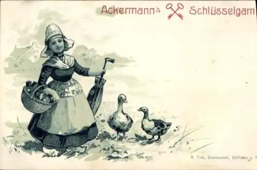 Litho Frau in niederländischer Tracht mit Enten, Reklame, Ackermann's Schlüsselgarn