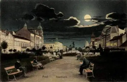Mondschein Ak Arad Rumänien, Denkmal, Nacht, Sitzbänke