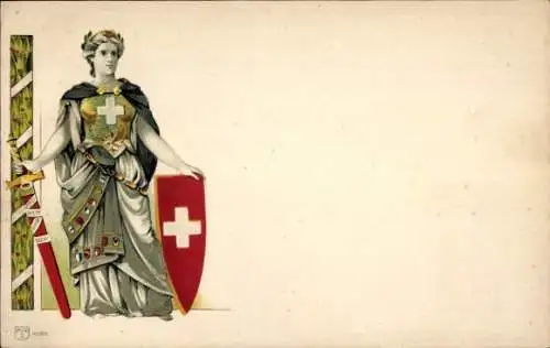 Wappen Ak Schweizerische Kriegerin, Schwert, Schutzschild