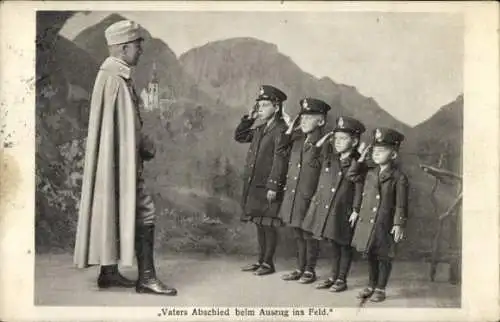 Ak Vaters Abschied beim Auszug ins Feld, Kinder in Uniform, Soldatenliebe