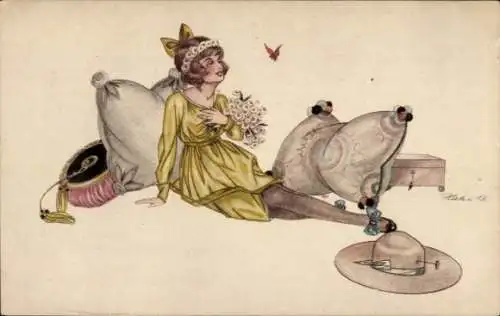 Künstler Ak Junge Frau in gelbem Kleid, Besuch, Schmetterling, Hut, Kissen