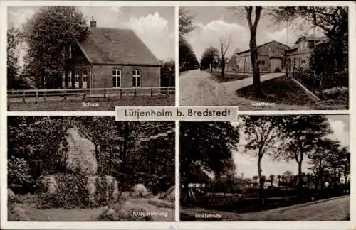 Ak Lütjenholm in Nordfriesland, Schule, Gasthaus, Kriegerehrung, Dorfstraße