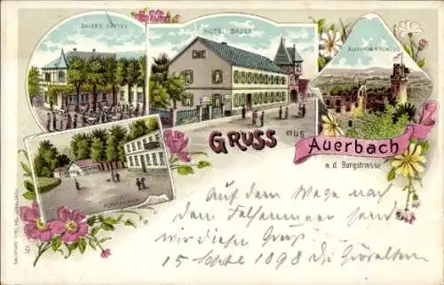 Litho Auerbach Bensheim an der Bergstraße Hessen, Hotel Bauer, Schloss