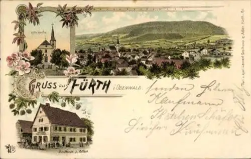 Litho Fürth im Odenwald, Gasthaus zum Adler, Kath. Kirche, Gesamtansicht