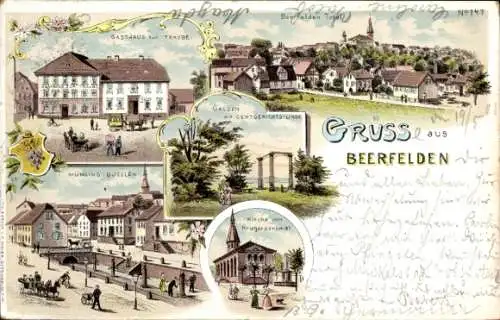 Litho Beerfelden Oberzent im Odenwald, Galgen, Gasthaus zur Traube, Kirche, Totalansicht