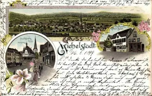 Litho Michelstadt im Odenwald, Gasthaus zum grünen Baum, Marktplatz, Rathaus, Totalansicht