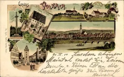 Litho Volkach am Main Unterfranken, Ortsansichten, Denkmal, Kirche