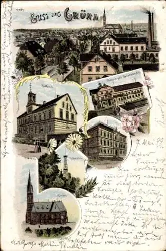 Litho Grüna Chemnitz Sachsen, Rathaus, Kirche, Schule, Stahringers Naturheilanstalt,Totenstein