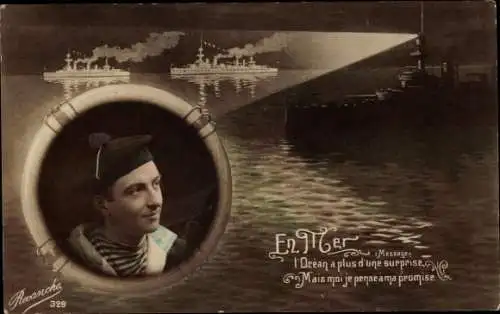 Ak Französische Kriegsschiff, Marinesoldat in Uniform