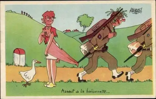 Künstler Ak Kleid einer Frau wird durch ein Bajonett zerrissen