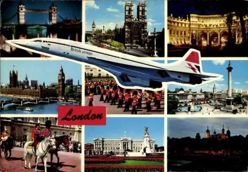 Ak London City England, Tower Bridge, Teilansichten, Flugzeug