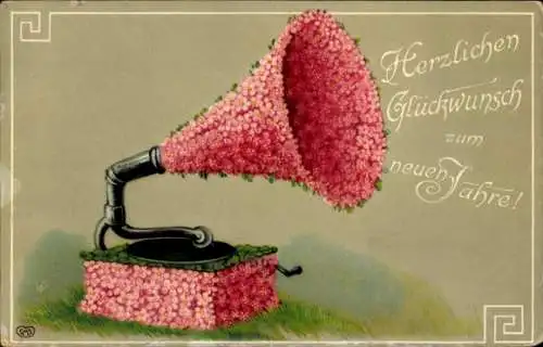 Litho Glückwunsch Neujahr, Grammophon aus rosa Blüten