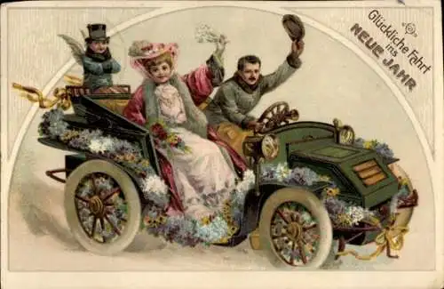 Ak Glückwunsch Neujahr, Autofahrt mit Engel, Blumenschmuck