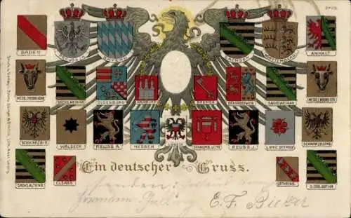 Präge Wappen Litho Ein deutscher Gruß, Kaiser Wilhelm II., Anhalt, Sachsen, Hamburg, Bayern