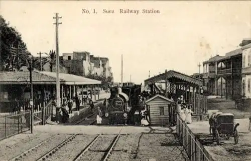 Ak Suez Ägypten, Railway Station, Dampflokomotive