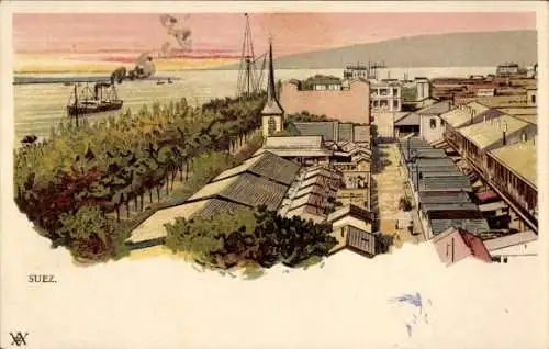 Litho Suez Ägypten, Blick über die Dächer der Stadt, Dampfer