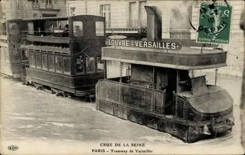 Ak Paris, Hochwasser der Seine, Straßenbahn Louvre Versailles, Dampfstraßenbahn