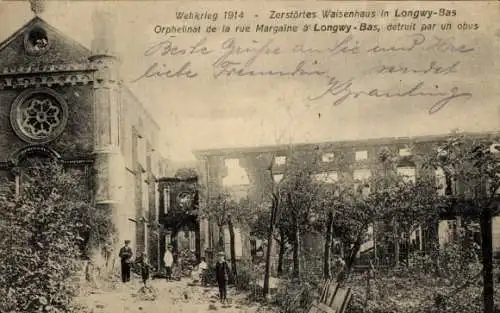 Ak Longwy Bas Meurthe et Moselle, Zerstörtes Waisenhaus, Weltkrieg 1914