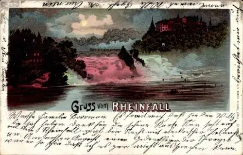 Litho Rheinfall Kanton Schaffhausen, Wasserfall, Eisenbahnbrücke