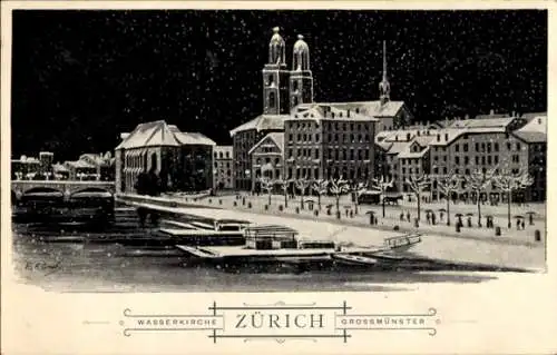 Ak Zürich Stadt Schweiz, Wasserkirche, Großmünster, Nachtansicht, Neujahrsgruß