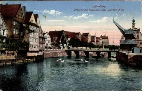 Ak Lüneburg, Ilmenau mit Kaufhausbrücke und alter Kran