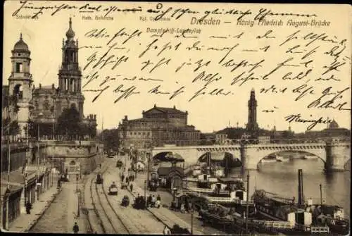 Ak Dresden Altstadt, königliche Friedrich August Brücke, katholische Hofkirche, Opernhaus
