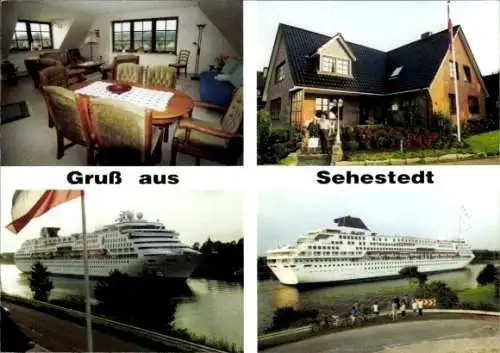 Ak Sehestedt am Nord Ostsee Kanal, Haus Kanalblick, Schiffe