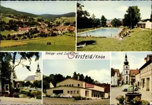 Ak Gersfeld in der Rhön Hessen, Panorama, Freibad, Brunnen, Kirche, Käfer, Gebäude