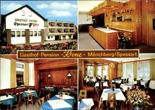 Ak Mönchberg im Spessart, Gasthof Pension Krone, Außenansicht, Tresen, Gastraum