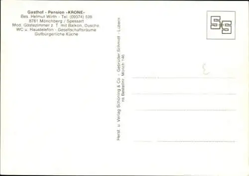 Ak Mönchberg im Spessart, Gasthof Pension Krone, Außenansicht, Tresen, Gastraum