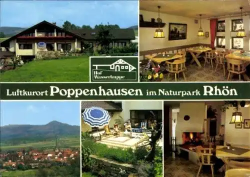 Ak Poppenhausen an der Wasserkuppe Rhön, Hof Wasserkuppe, Gastraum, Kamin, Sonnenschirm