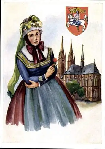 Wappen Ak Marburg an der Lahn, Frau in Tracht, Kirche