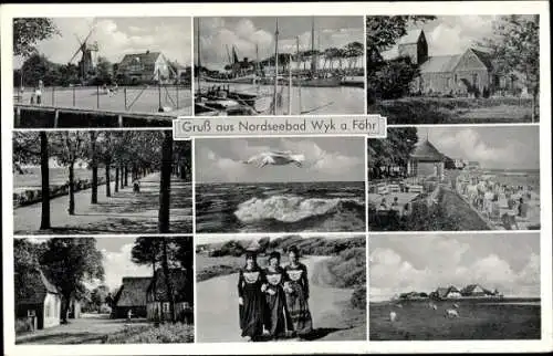 Ak Wyk auf Föhr Nordfriesland, Windmühle, Tennisplatz, Tachten, Panorama, Strand, Promenade