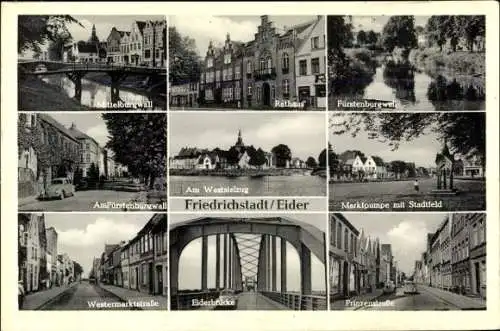 Ak Friedrichstadt an der Eider, Mittelburgwall, Fürstenburgwall, Rathaus, Stadtfeld, Eiderbrücke