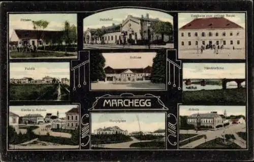 Ak Marchegg in Niederösterreich, Fabrik, Bahnhof, Schloss, Gasthaus zum grünen Baum