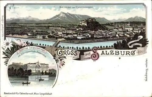 Litho Salzburg in Österreich, Blick vom Kapuzinerberg, Schloss Leopoldskron